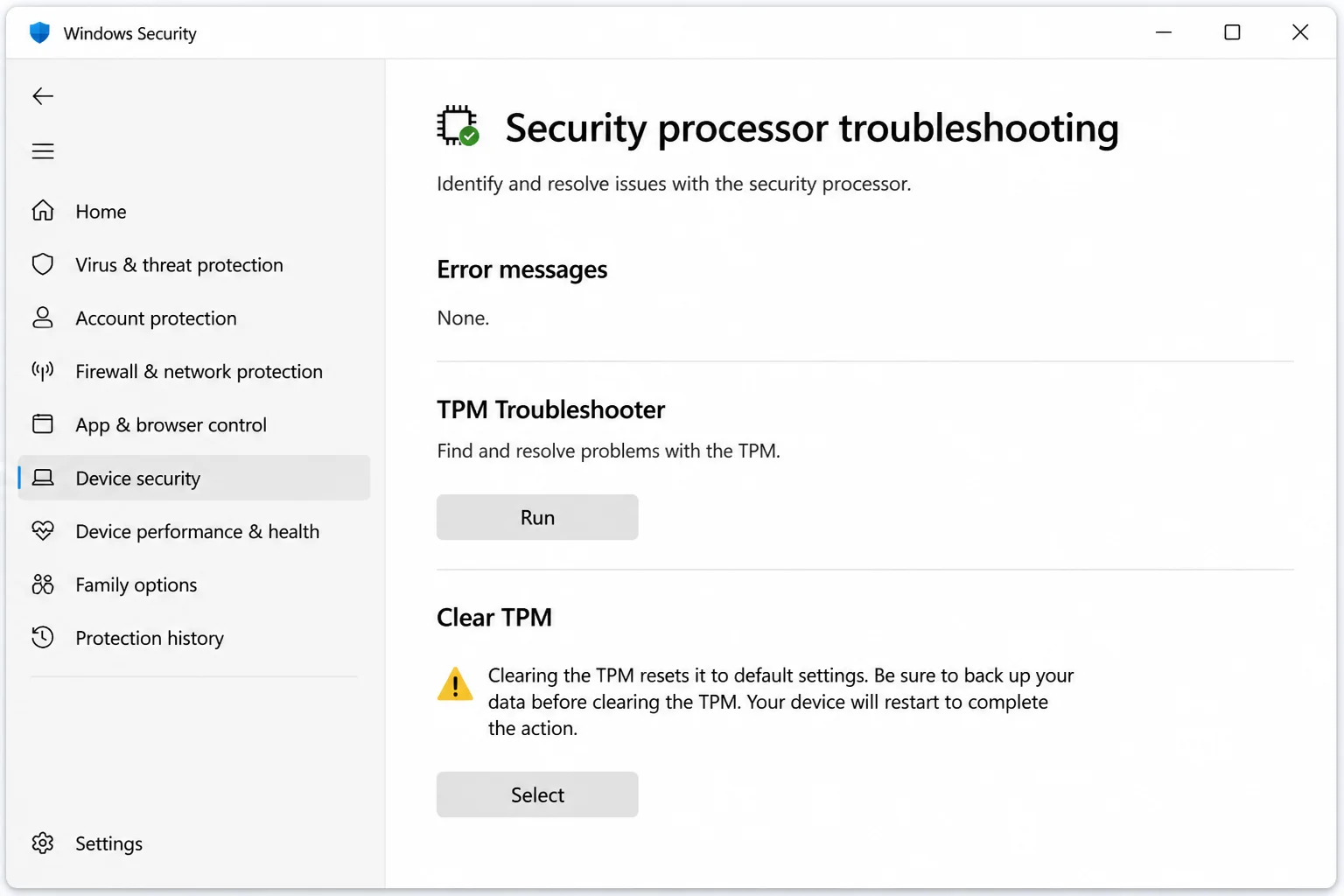 Security processor troubleshooting page showing the Clear TPM control and its warning text