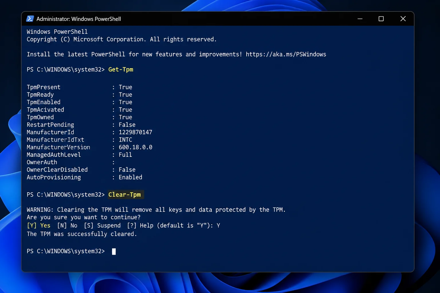 Administrator PowerShell showing Get-Tpm output and the Clear-Tpm command, with the administrator title and command highlighted