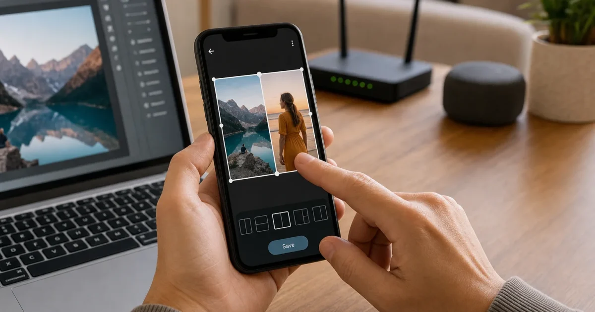 Person edits a photo collage on a smartphone, placing two landscape images of mountains and a lake, with a laptop showing a mountain photo nearby.