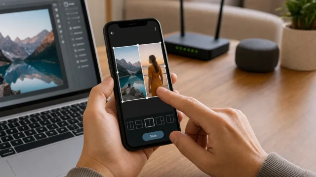 Person edits a photo collage on a smartphone, placing two landscape images of mountains and a lake, with a laptop showing a mountain photo nearby.