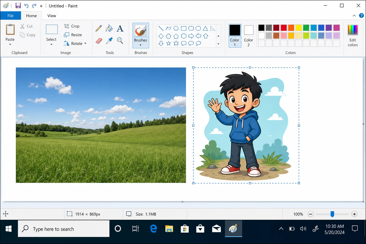 MS Paint canvas with first image placed on the left half and second image being dragged into position on the right half