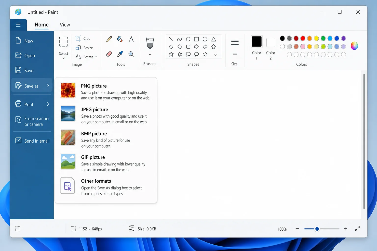 MS Paint Save as dialog showing PNG and JPEG format options, Windows 11