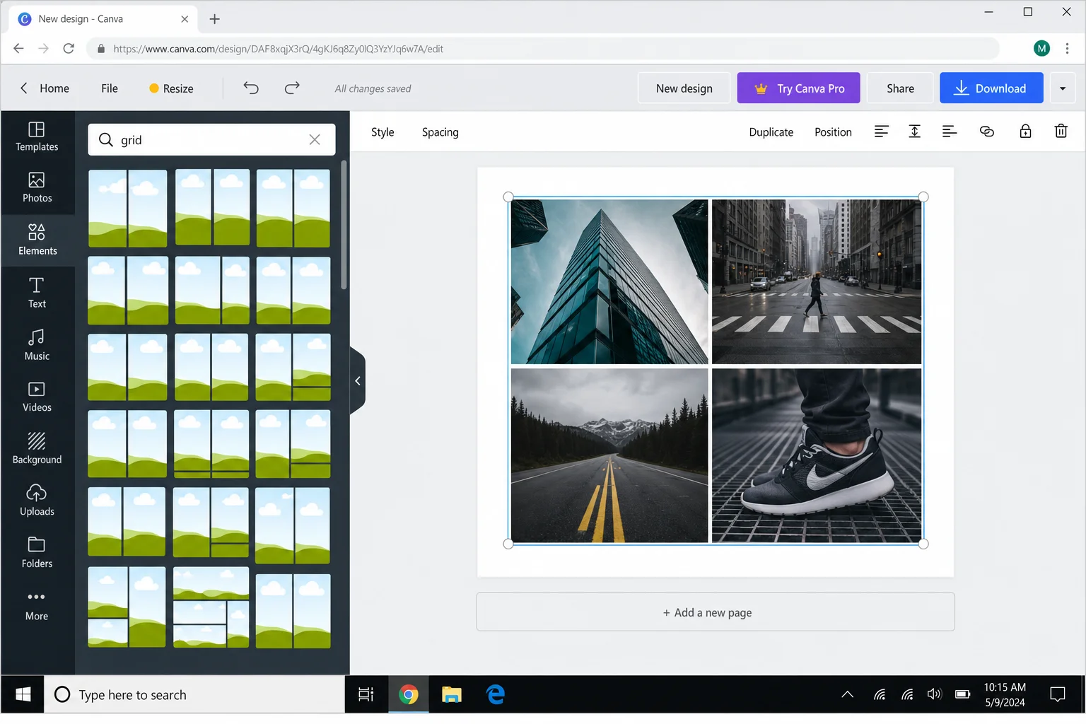 Canva editor with a 2-column grid element selected on the canvas, Elements panel open on the left showing Grids section