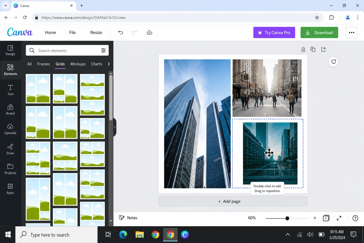 Canva canvas with two photos placed in a 2-column grid, one photo being repositioned inside its frame