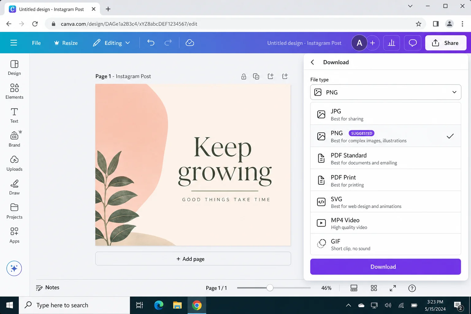 Canva Download dialog showing PNG and JPG format options with Download button