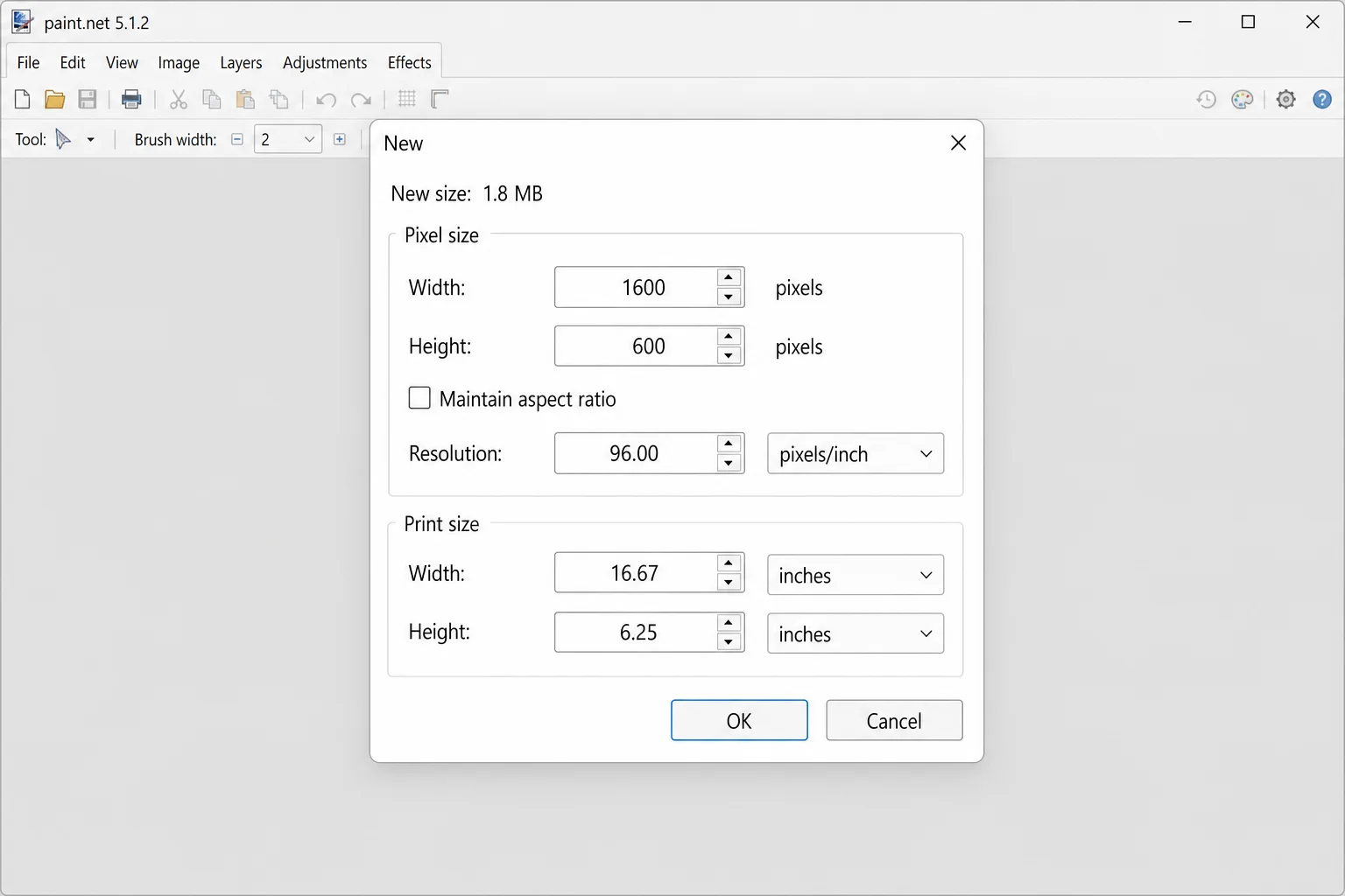 Paint.NET New Image dialog with custom width and height values entered for a combined canvas