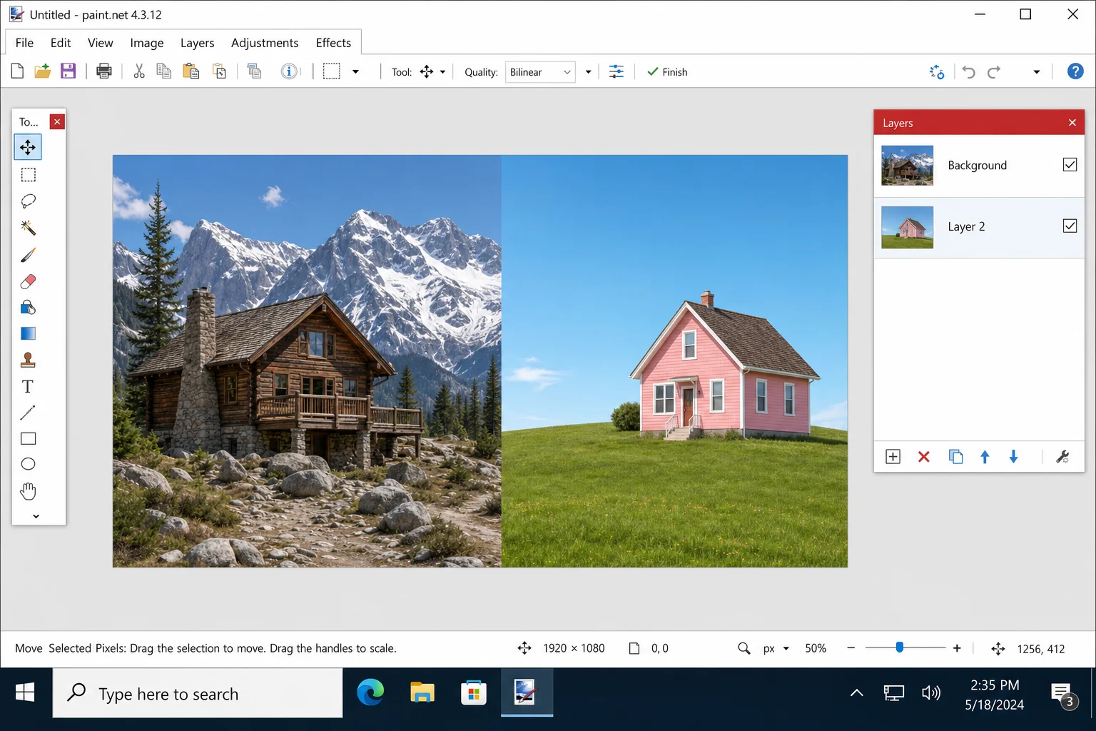Paint.NET canvas with two image layers visible in the Layers panel, Move tool active, images positioned side by side