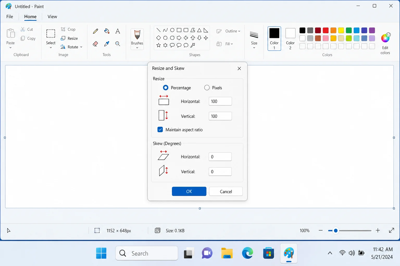 MS Paint Resize and Skew dialog with Maintain aspect ratio checked and pixel values entered, Windows 11