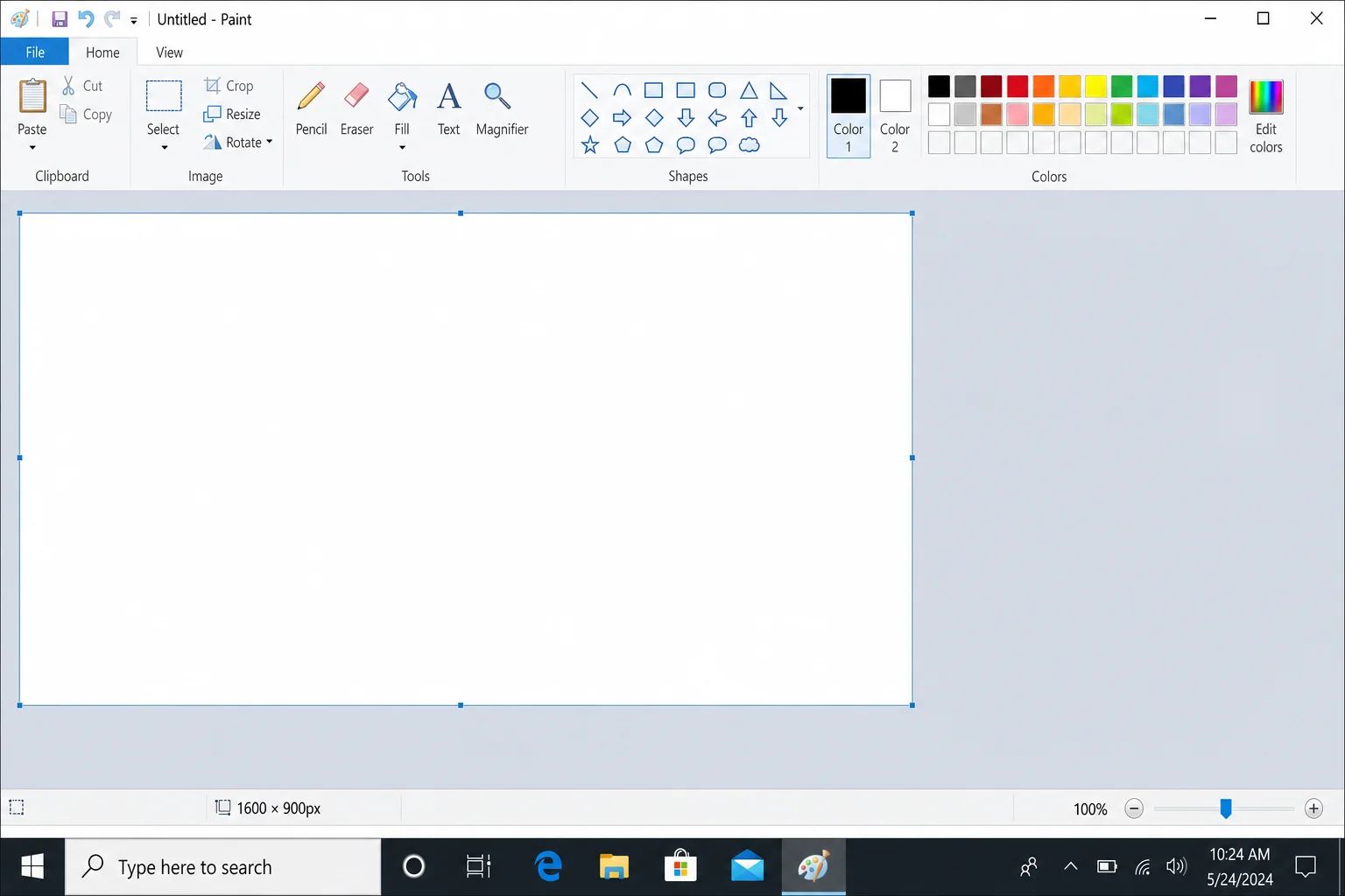 MS Paint with a blank white canvas resized to combined pixel dimensions, dimensions shown in the status bar