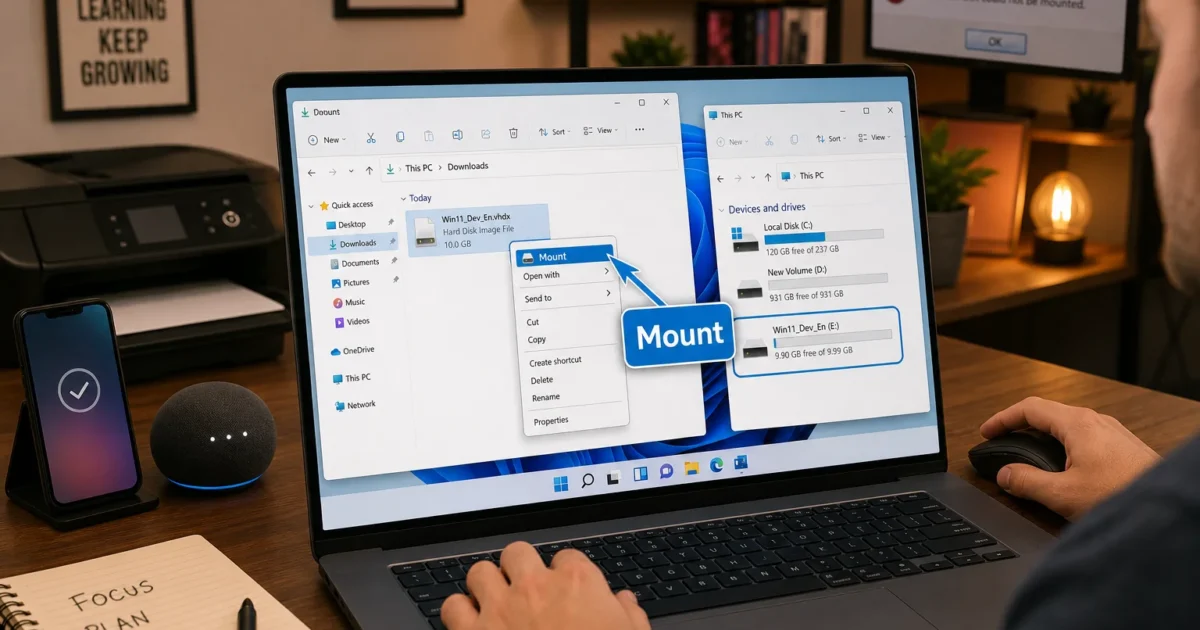 Person using a laptop; on screen is Windows Explorer with a drive mounted context menu and a blue 'Mount' badge, showing file folders and drives.