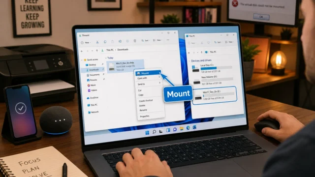 Person using a laptop; on screen is Windows Explorer with a drive mounted context menu and a blue 'Mount' badge, showing file folders and drives.