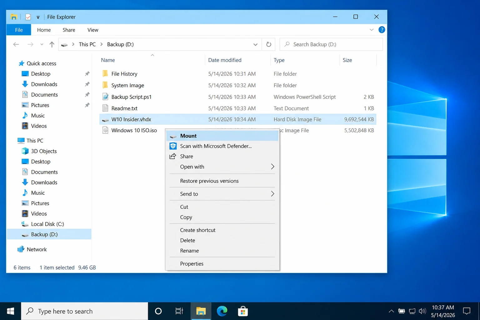 Windows 11 File Explorer showing a VHDX file with Mount highlighted in the right-click menu