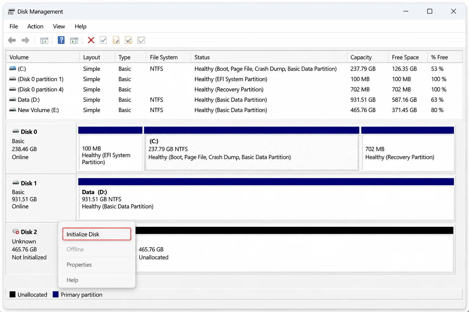 Windows 11 Disk Management showing the right-click menu for a new virtual disk with Initialize Disk highlighted