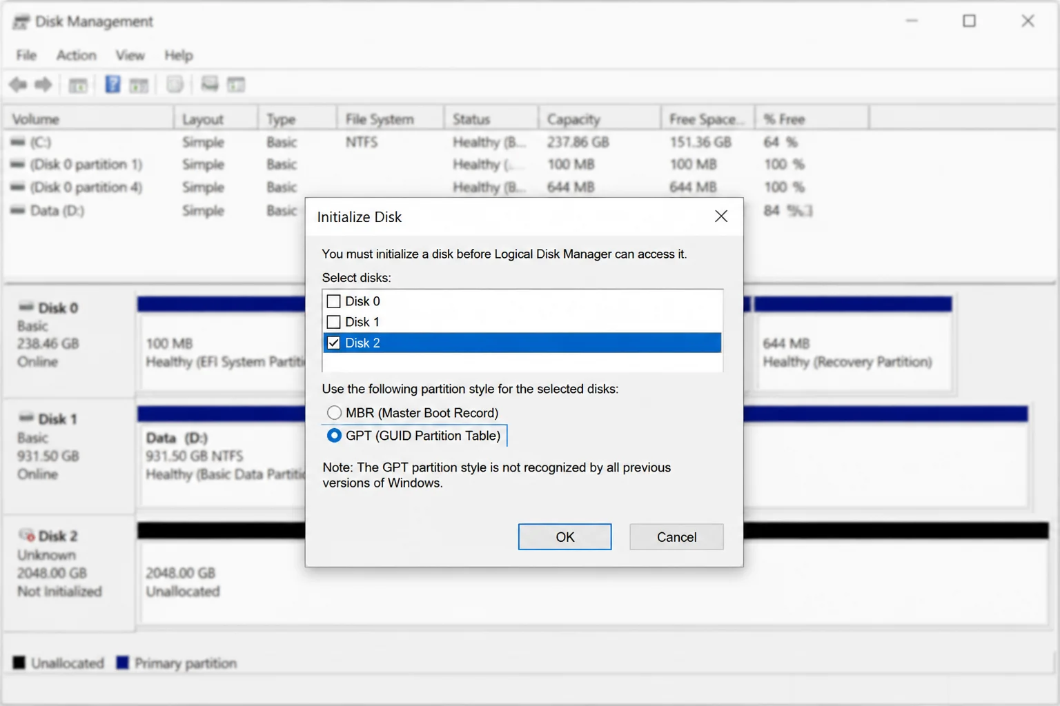 Initialize Disk dialog with the new virtual disk selected and GPT partition style highlighted