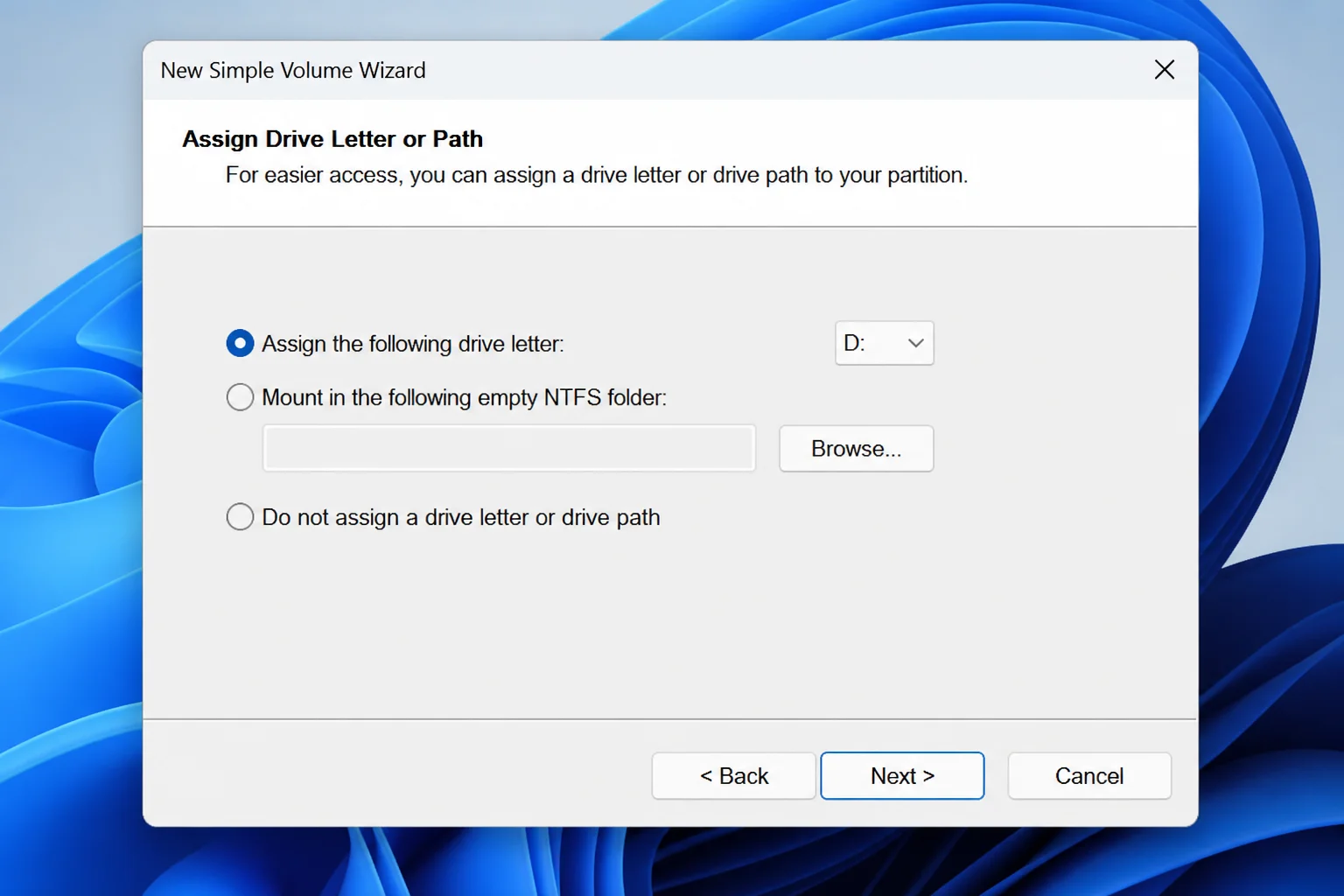 New Simple Volume Wizard showing the Assign Drive Letter or Path page with a drive letter selected