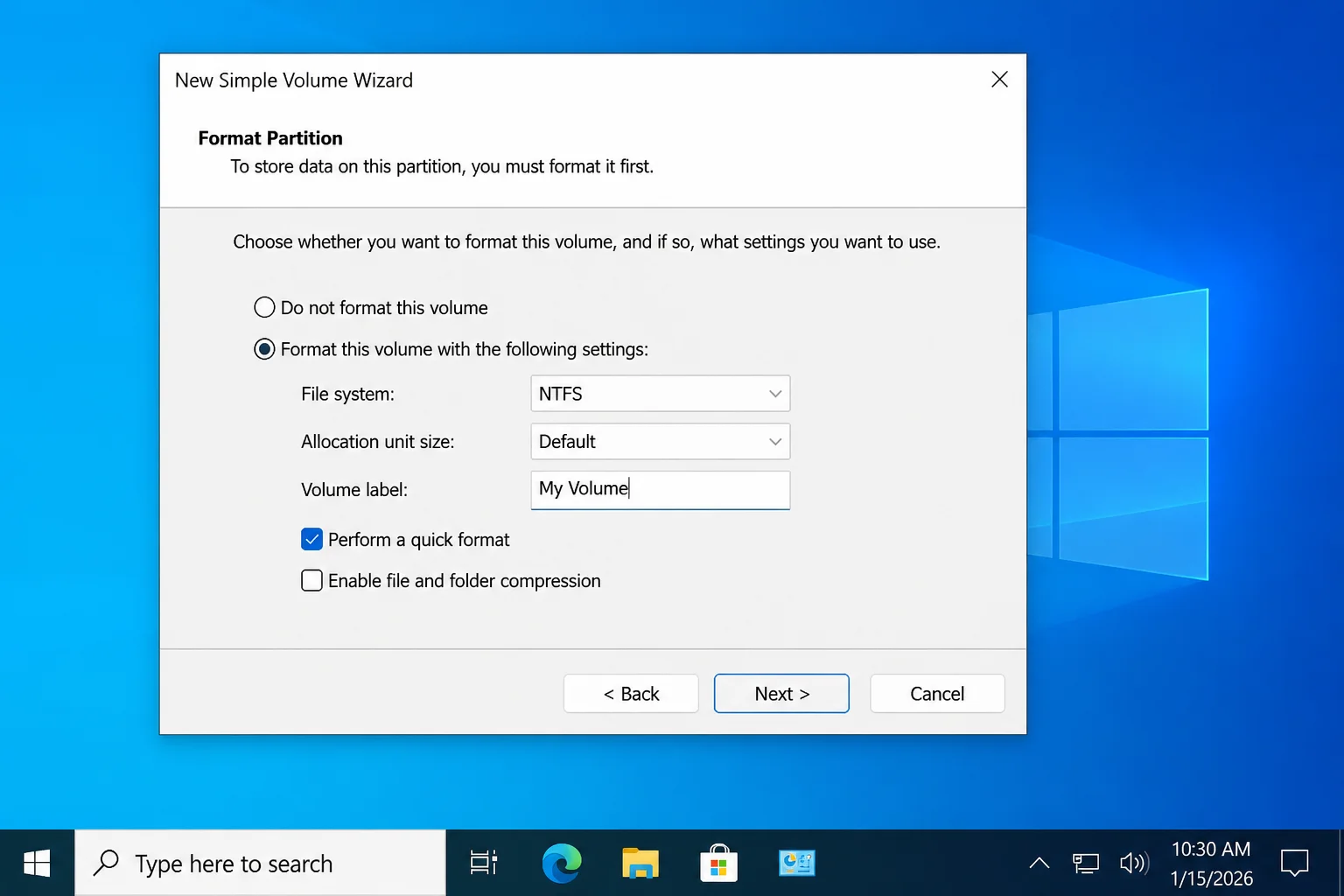 New Simple Volume Wizard showing NTFS, a volume label, and Perform a quick format selected