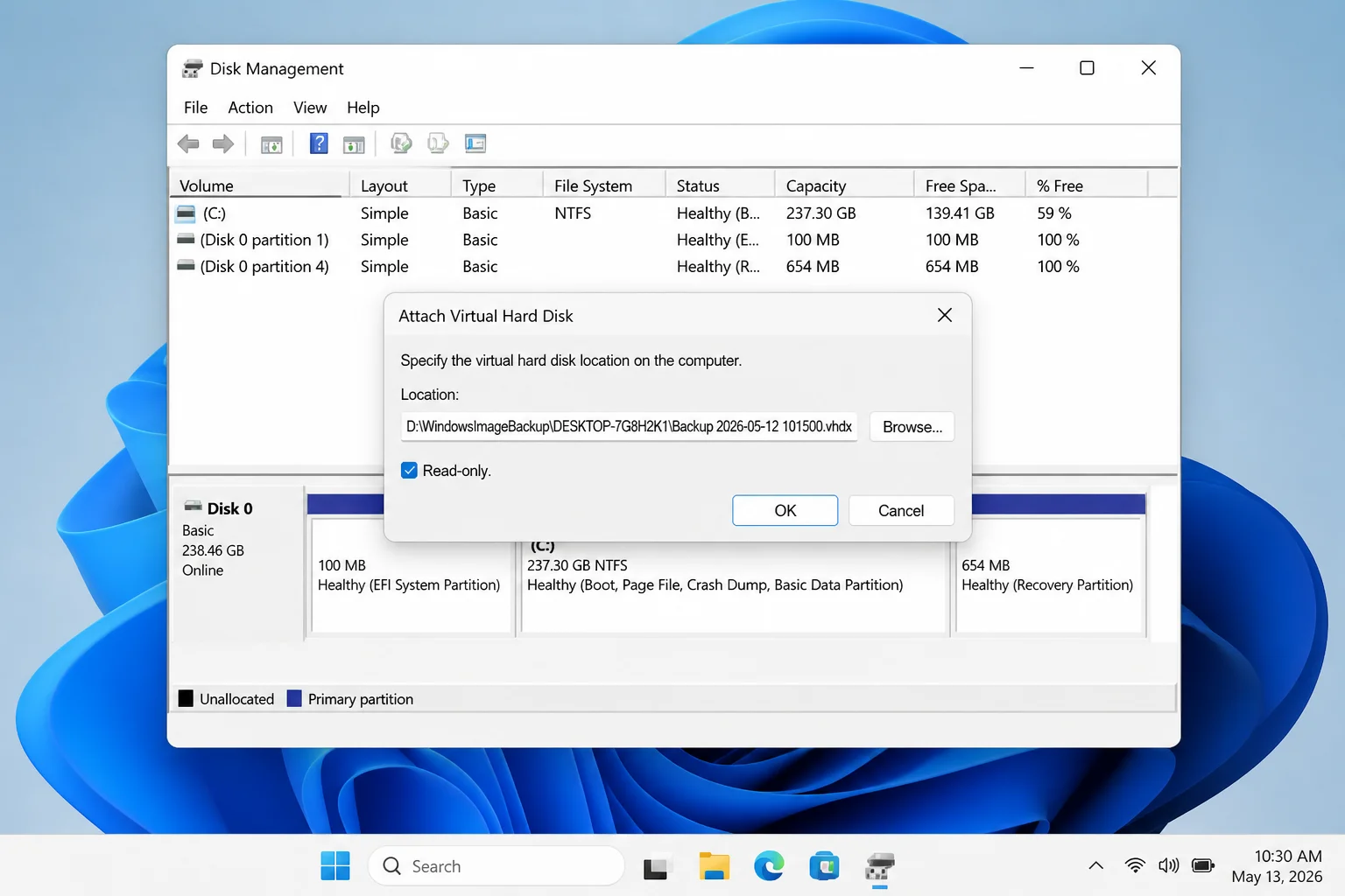 Windows 11 Disk Management Attach Virtual Hard Disk dialog showing a VHDX inside a WindowsImageBackup folder with Read-only selected