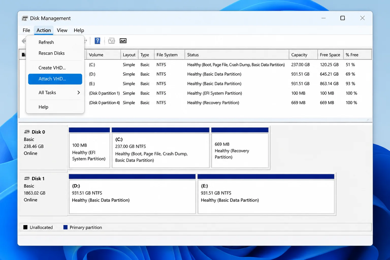 Windows 11 Disk Management with the Action menu open and Attach VHD highlighted