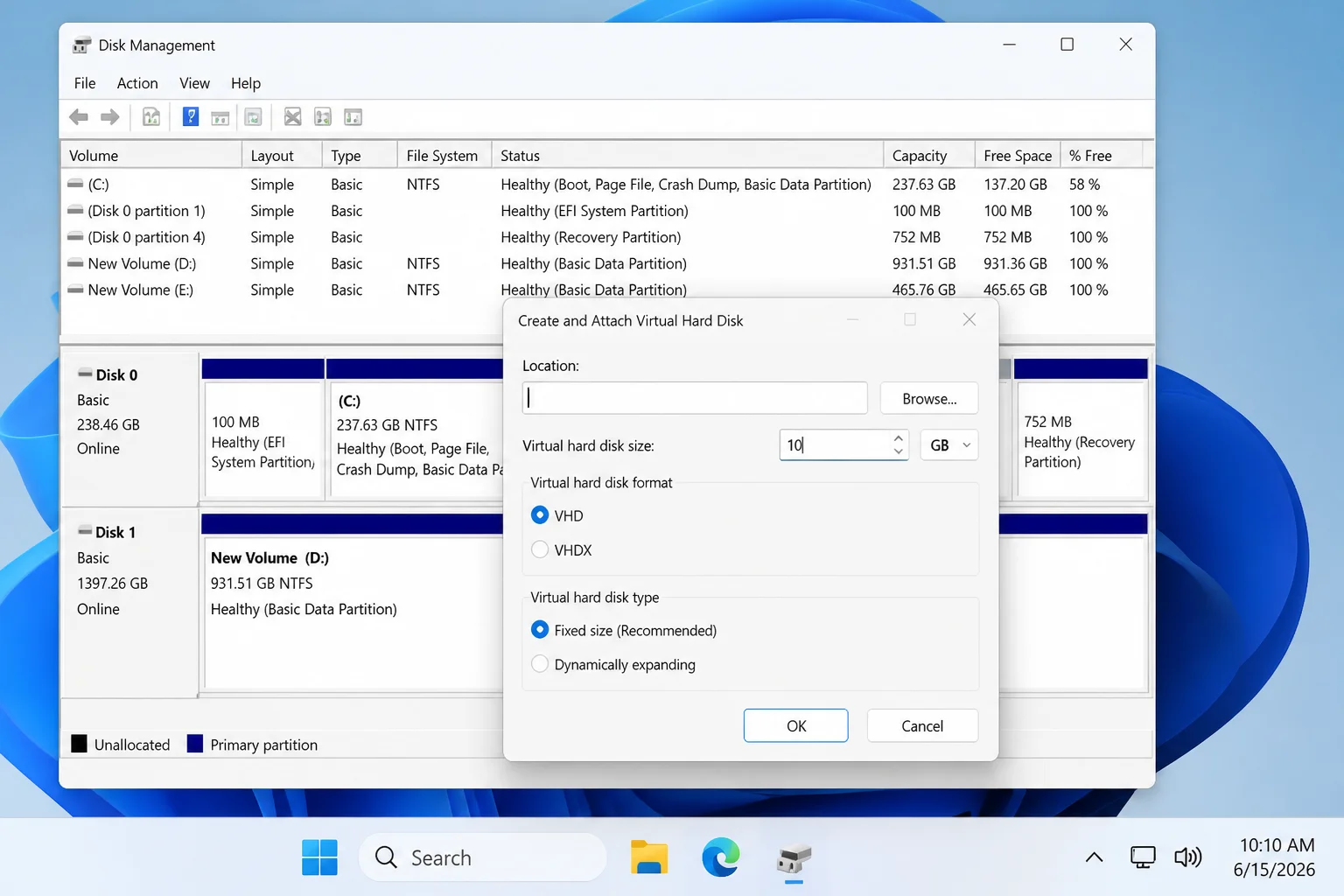 Attach Virtual Hard Disk dialog showing the Browse button and Virtual hard disk location field