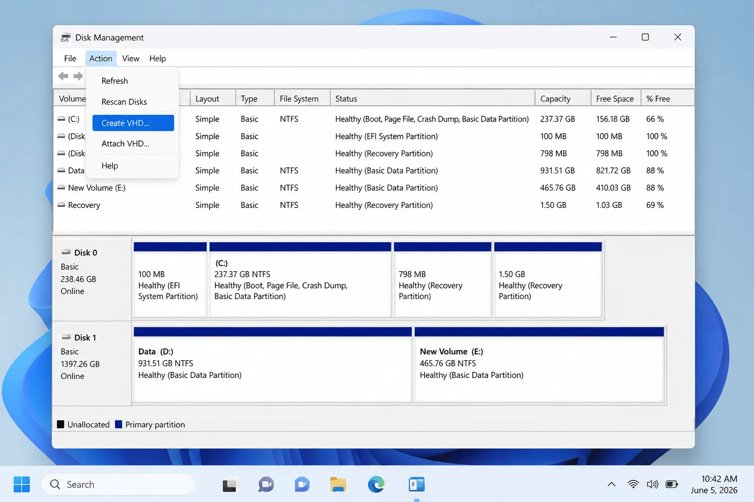 Windows 11 Disk Management with the Action menu open and Create VHD highlighted