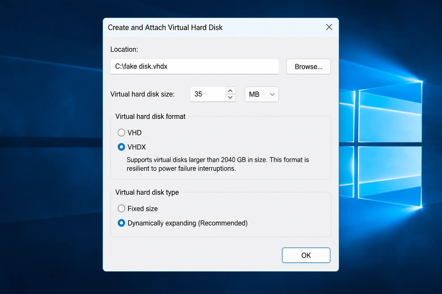 Create and Attach Virtual Hard Disk dialog with a file location, disk size, VHDX format, and Dynamically expanding selected