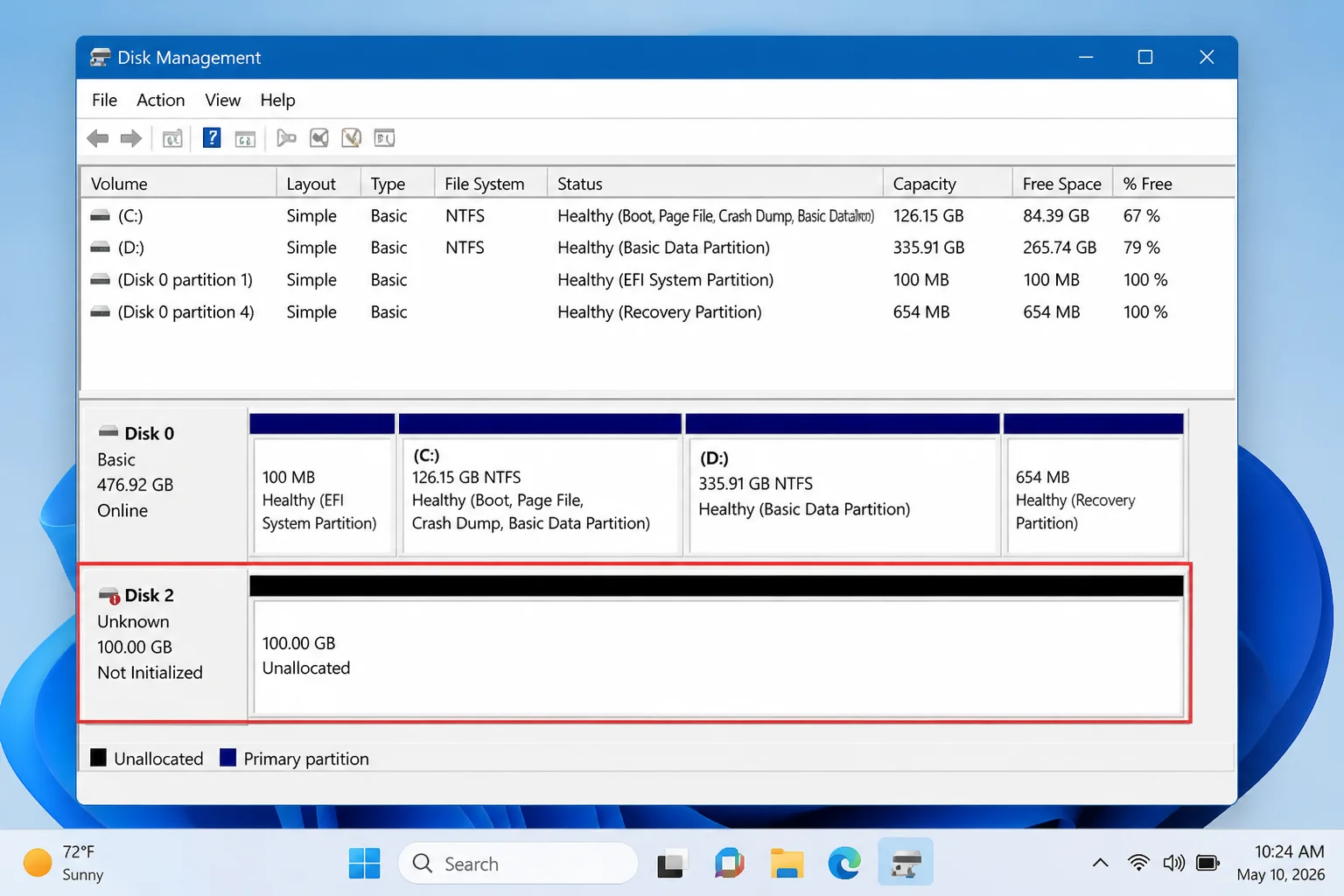 Windows 11 Disk Management showing a newly created virtual disk marked Not Initialized and Unallocated
