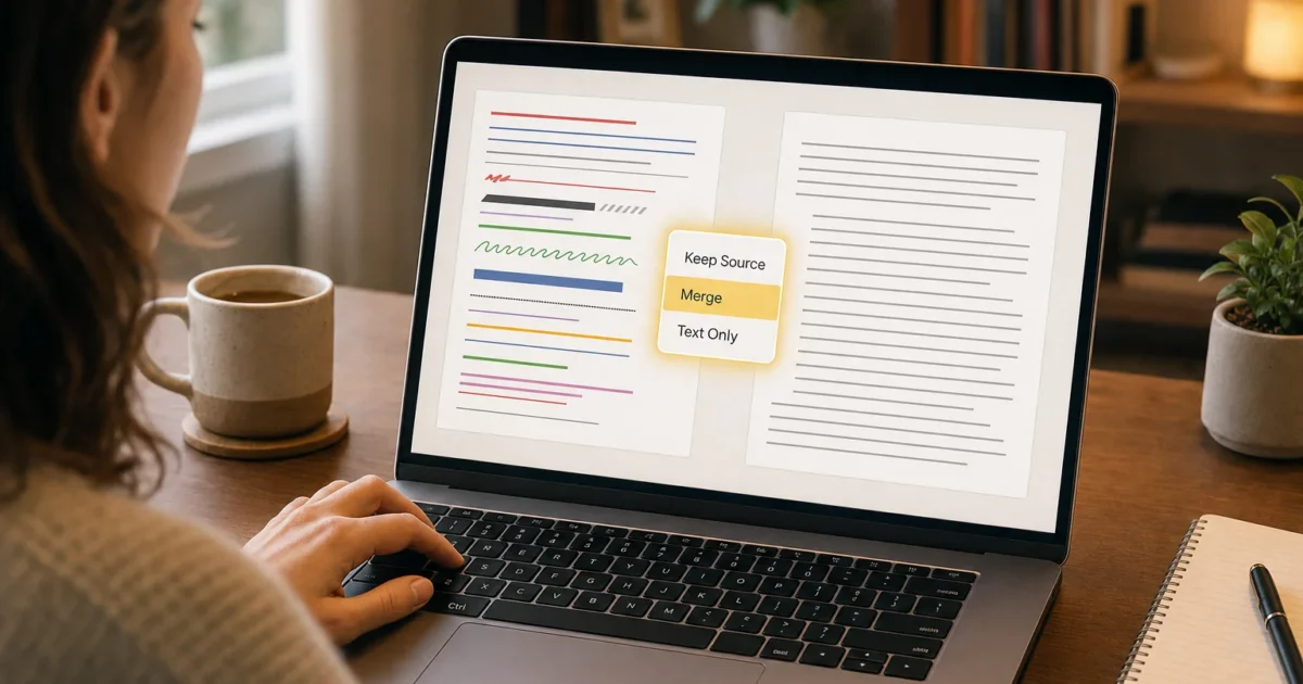 Person typing on a laptop showing a two-panel document editor with a floating Keep Source / Merge / Text Only menu