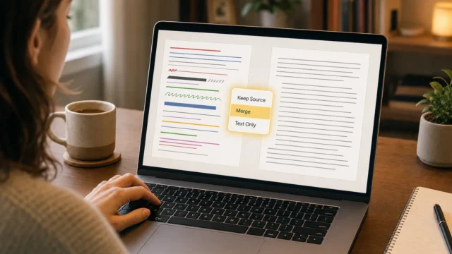 Person typing on a laptop showing a two-panel document editor with a floating Keep Source / Merge / Text Only menu