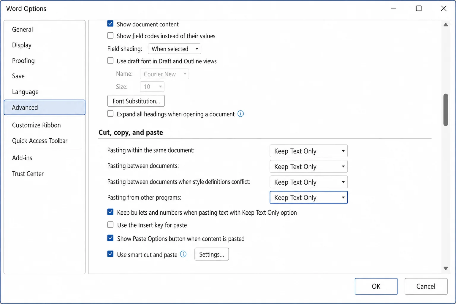 The four "Cut, copy, and paste" dropdowns in Word Options > Advanced, with "Pasting from other programs" set to "Keep Text