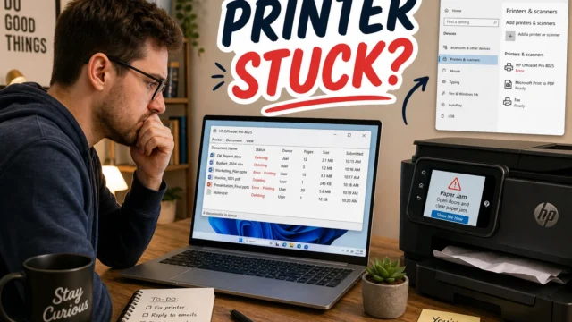 Man seated at a desk contemplating a printer issue, with a large 'PRINTER STUCK?' graphic above; laptop shows a printer queue, and a printer displays a 'Paper Jam' alert on the right side desk.