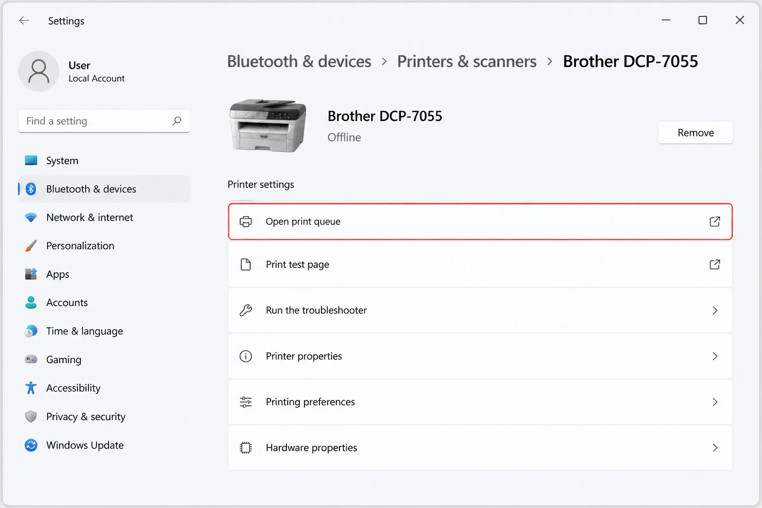 Windows 11 Settings > Bluetooth & devices > Printers & scanners with a printer selected and Open print queue highlighted