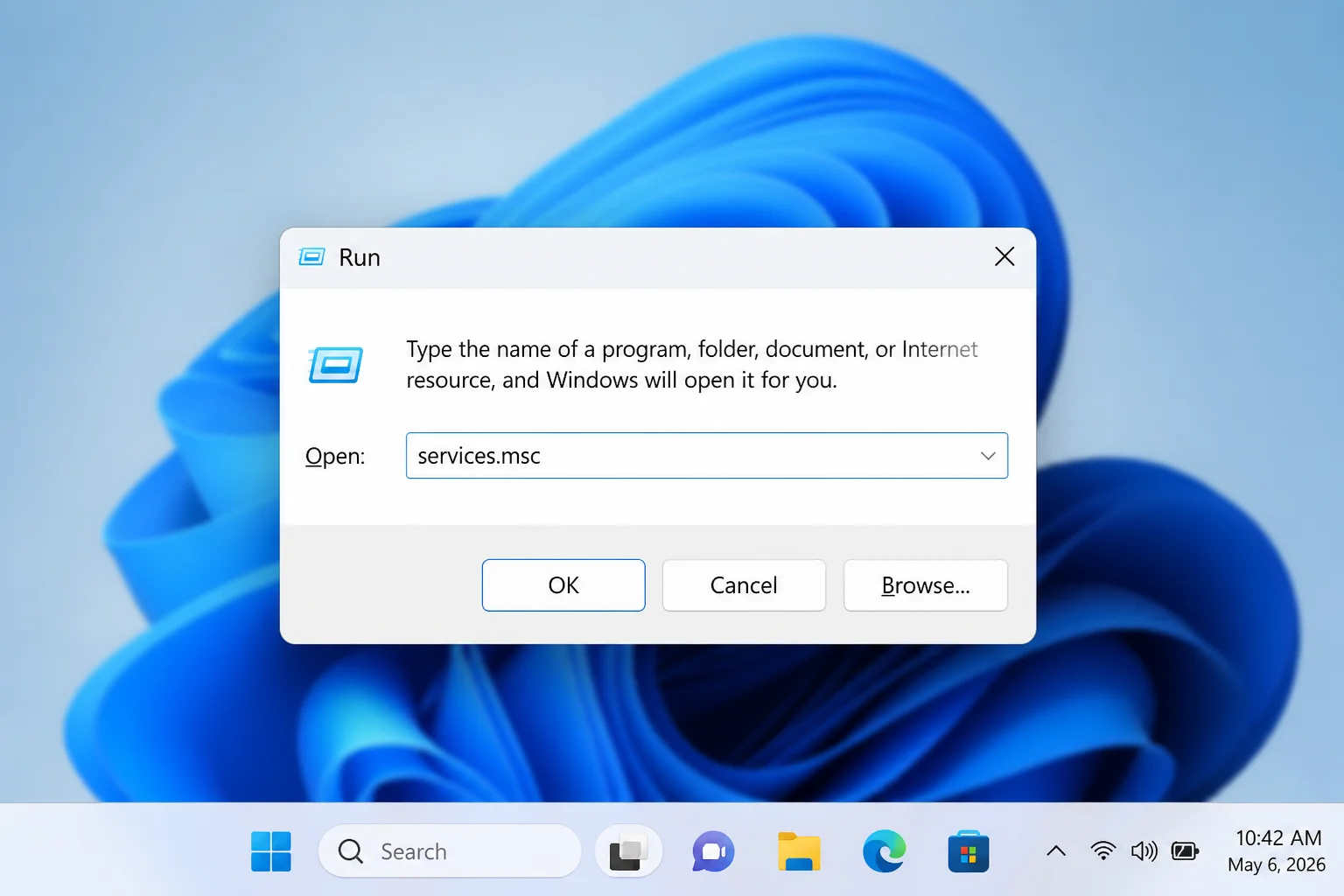 Windows 11 Run dialog containing services.msc with the OK button visible