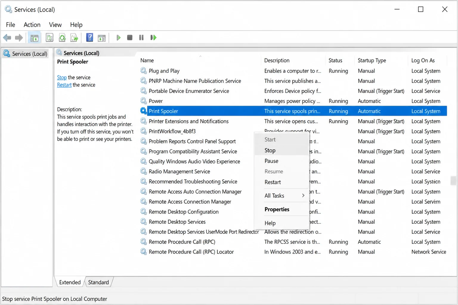 Windows Services console with Print Spooler highlighted and the right-click menu showing Stop