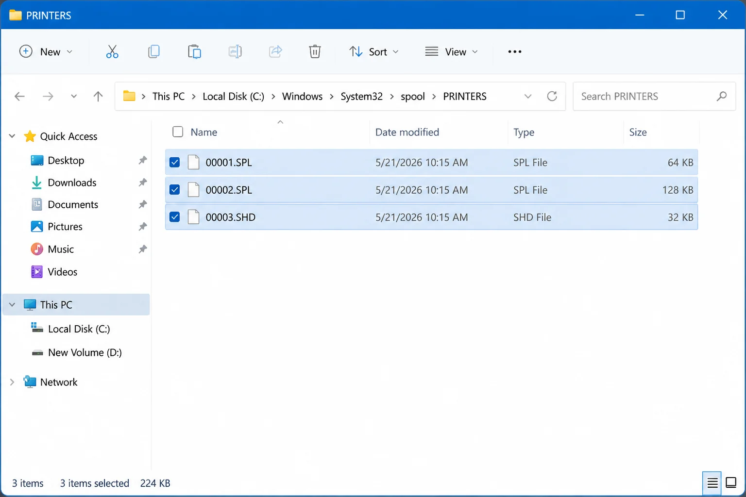 File Explorer open to C:\Windows\System32\spool\PRINTERS with all queued print-job files selected