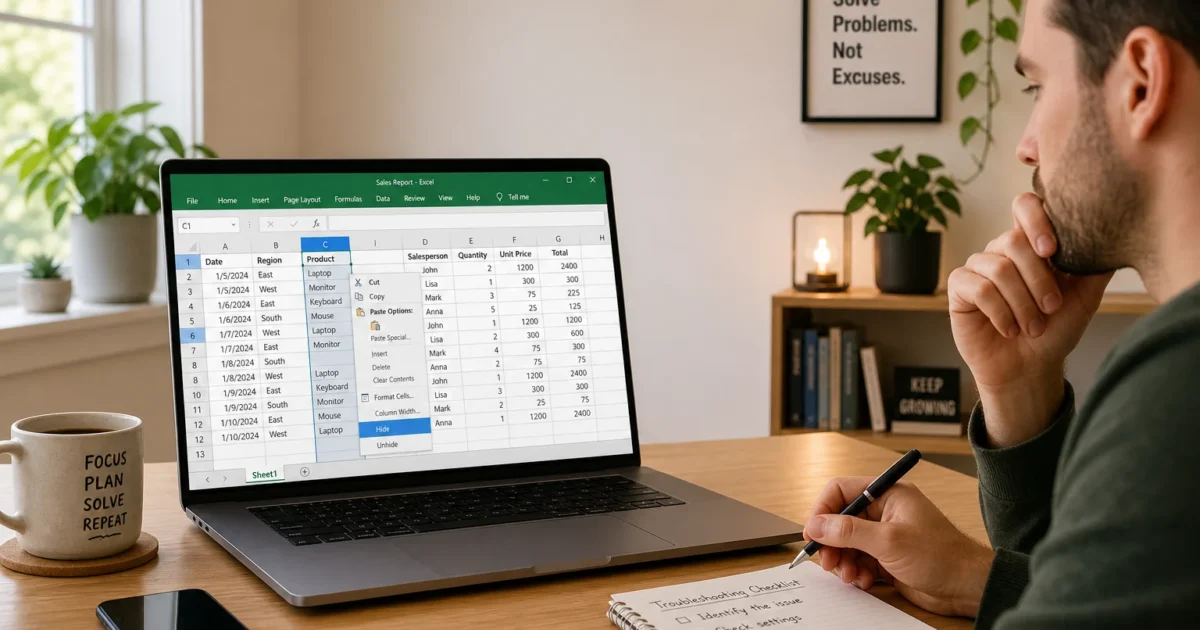 Man at a wooden desk studies an Excel spreadsheet on a laptop; mug beside reads 'FOCUS PLAN SOLVE REPEAT'.