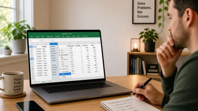Man at a wooden desk studies an Excel spreadsheet on a laptop; mug beside reads 'FOCUS PLAN SOLVE REPEAT'.