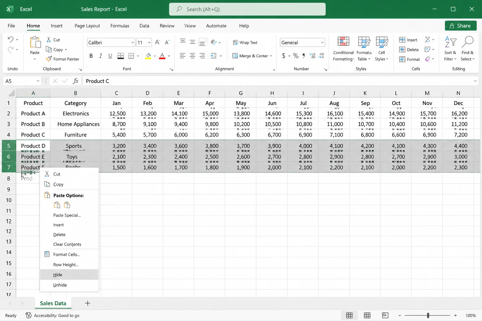 Excel for Microsoft 365 worksheet with several row headers selected and the right-click menu showing Hide