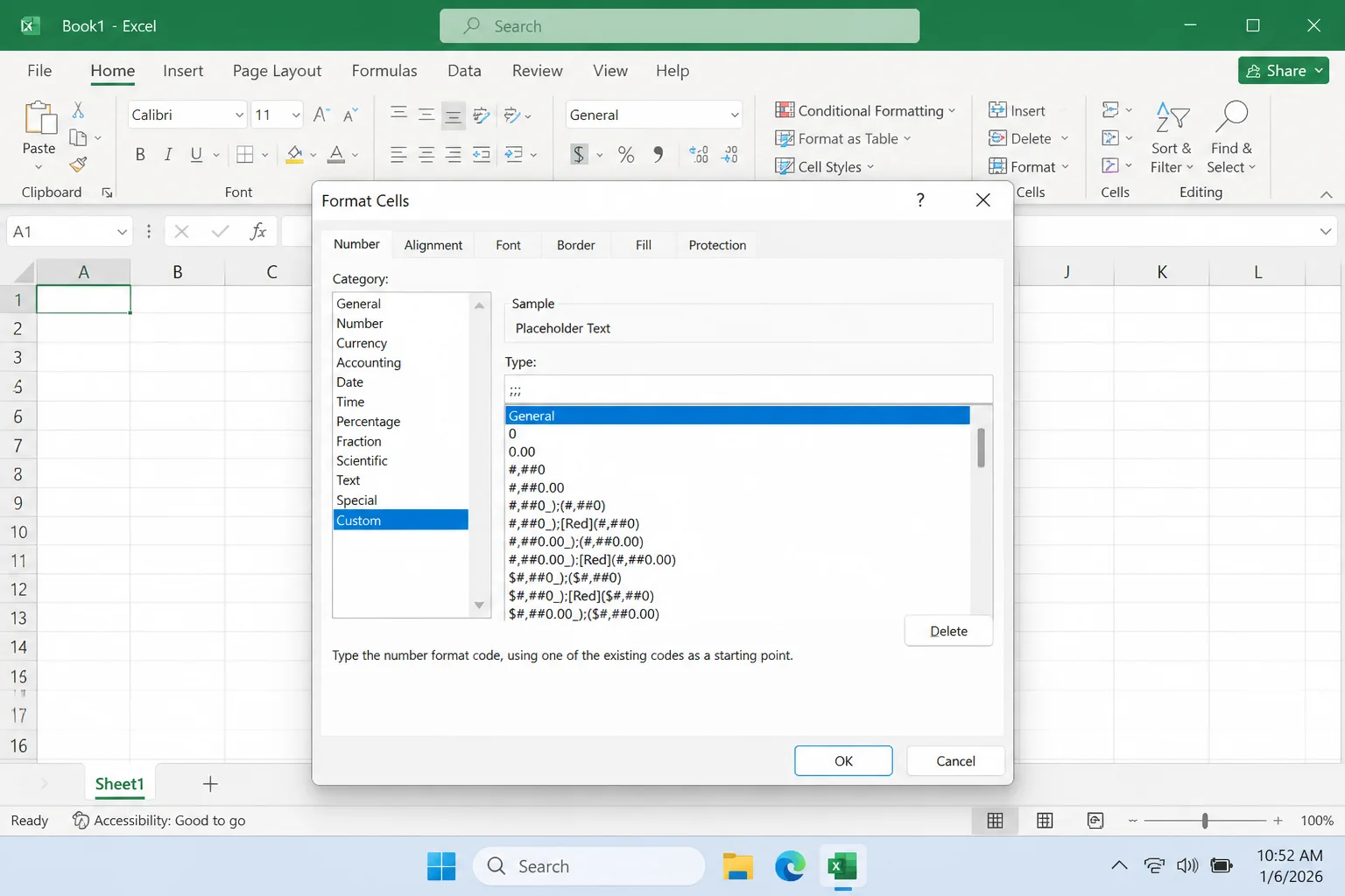 Excel Format Cells dialog on the Number tab with Custom selected and three semicolons entered in the Type field