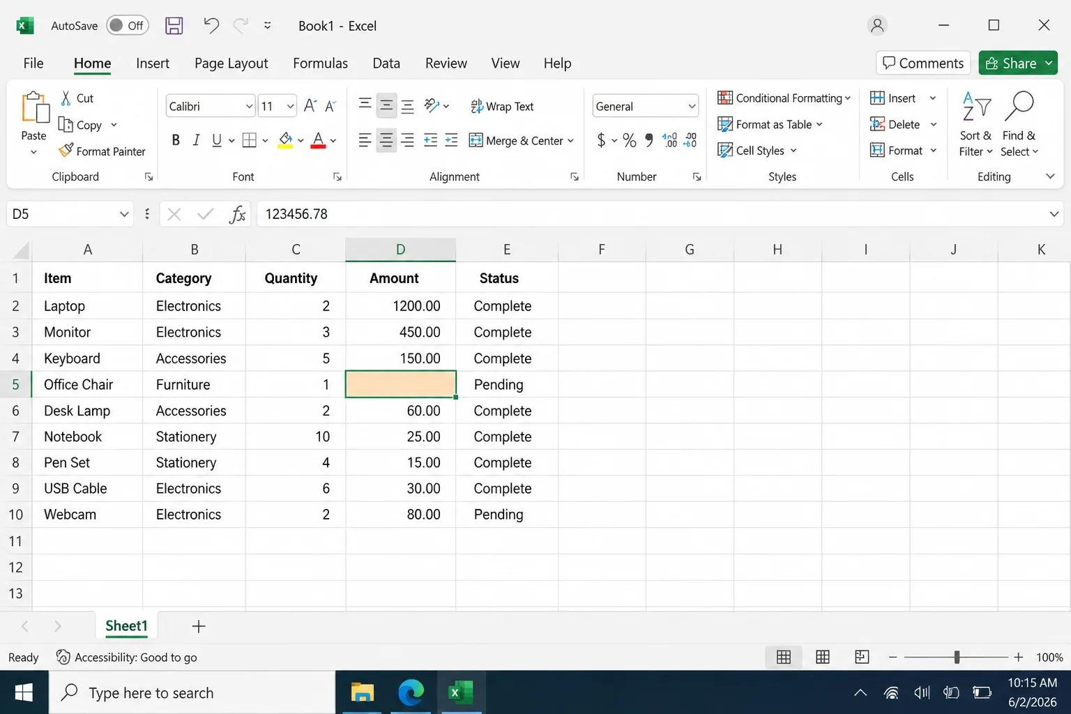 Excel worksheet showing a visually blank formatted cell while its underlying value remains visible in the formula bar