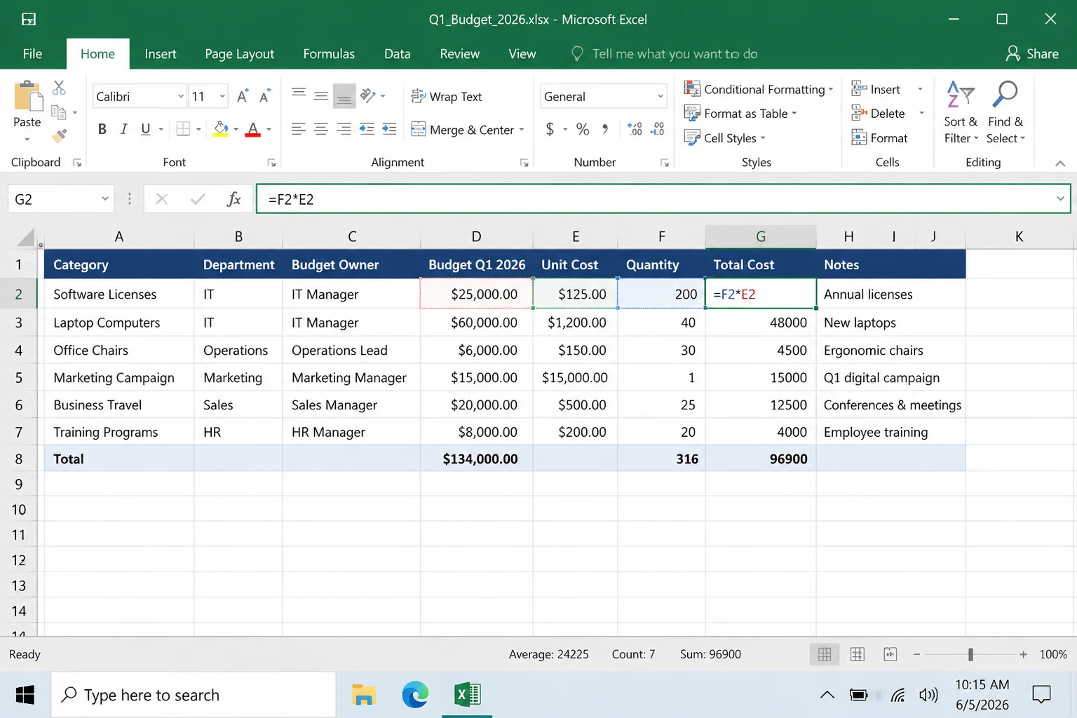 Excel worksheet showing selected formula cells and formulas visible in the formula bar before protection