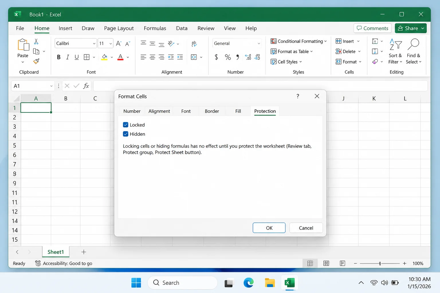Excel Format Cells Protection tab with Hidden and Locked checked
