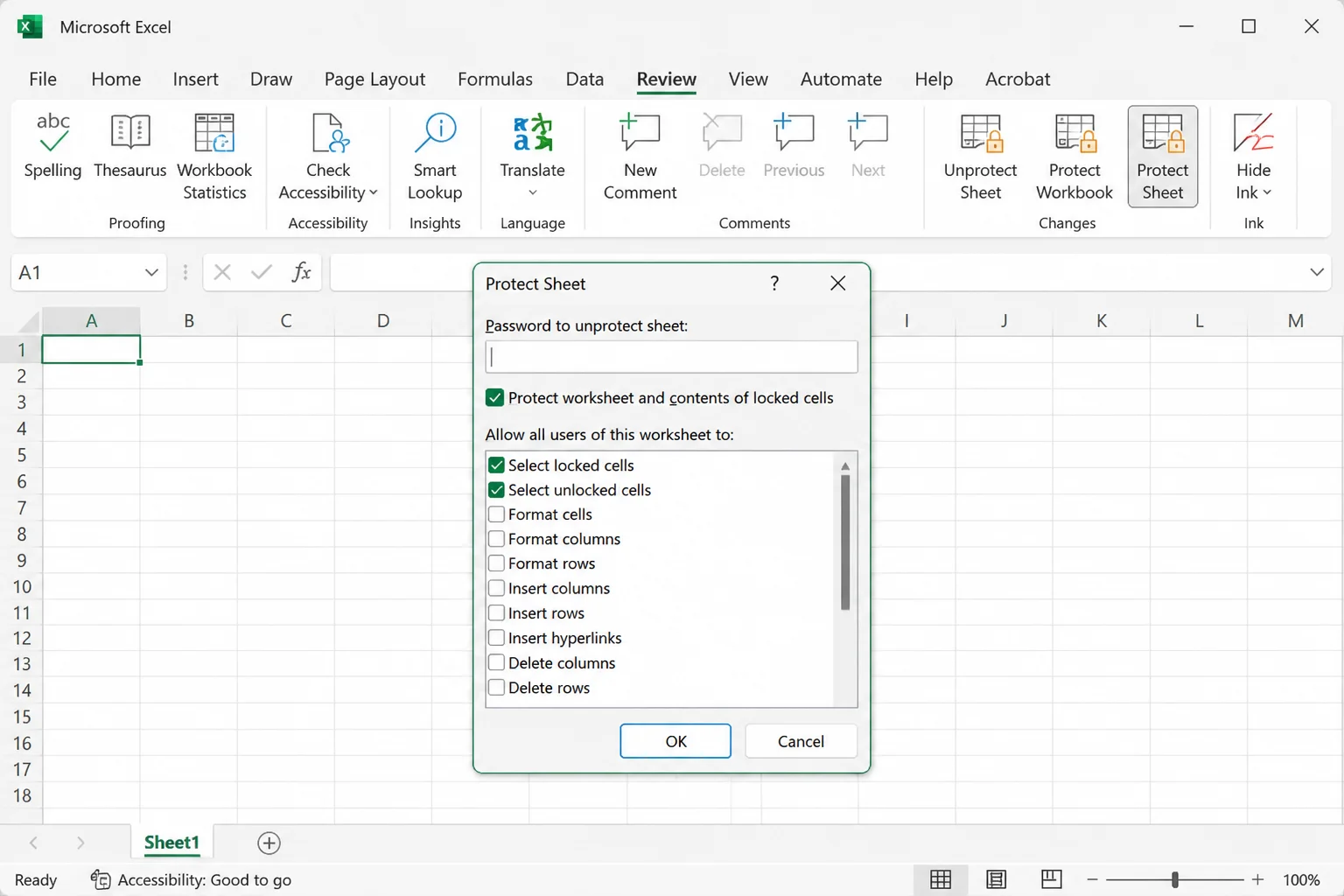 Excel Protect Sheet dialog with Protect worksheet and contents of locked cells checked and permitted actions listed