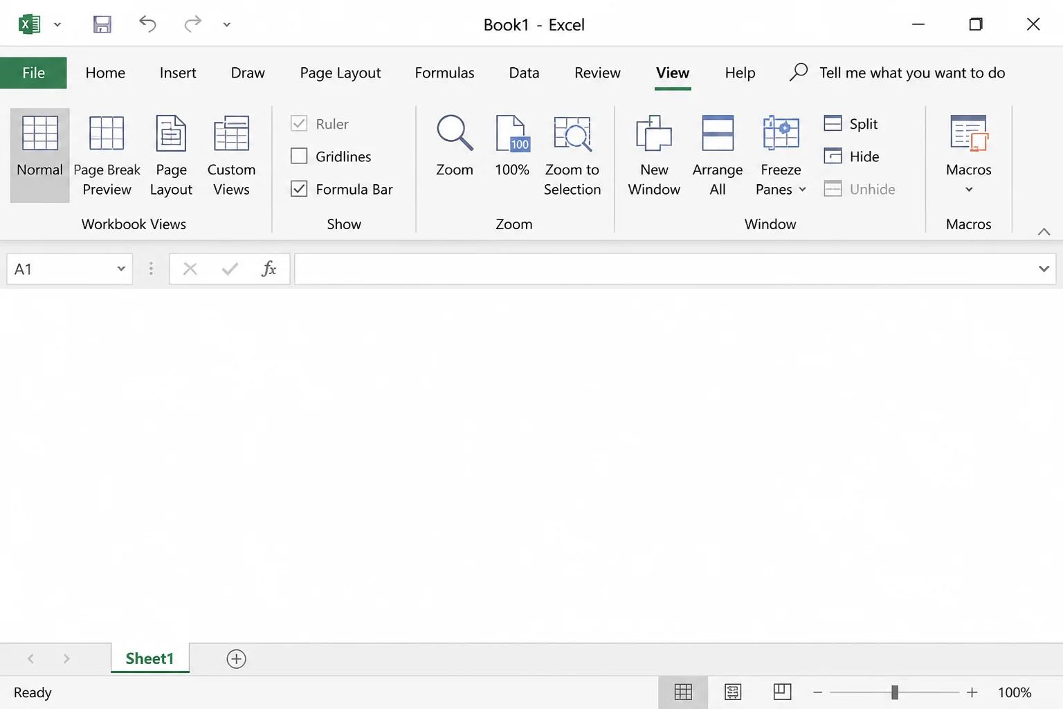 Excel View tab with the Gridlines checkbox cleared in the Show group