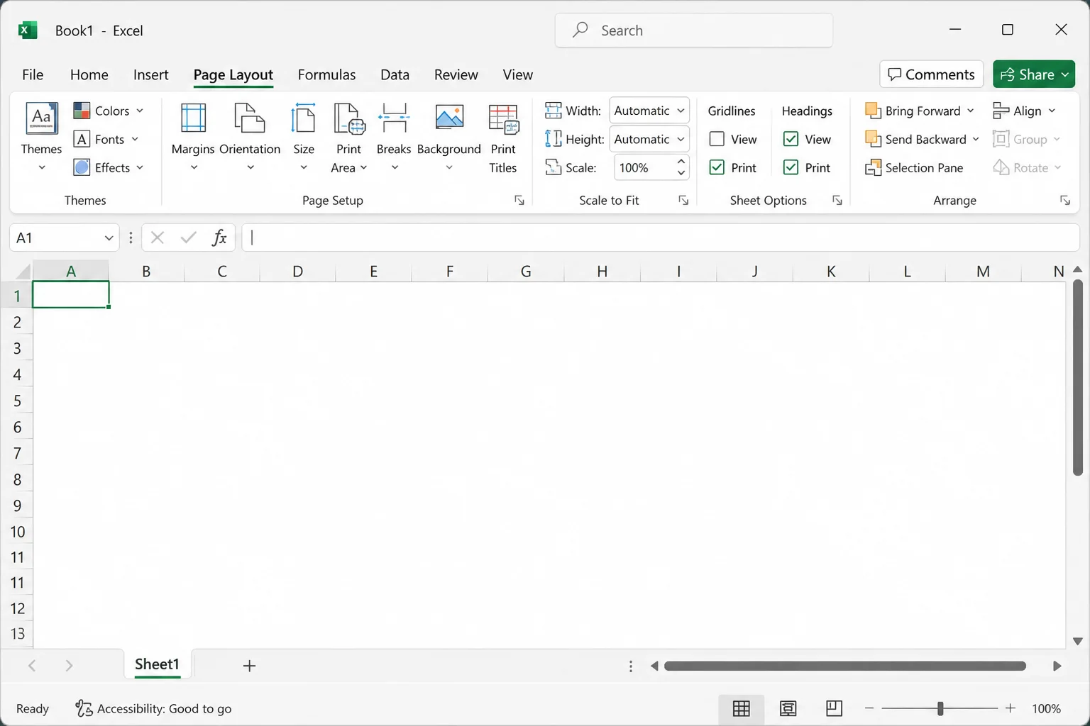 Excel Page Layout tab showing Sheet Options with the Gridlines View checkbox cleared