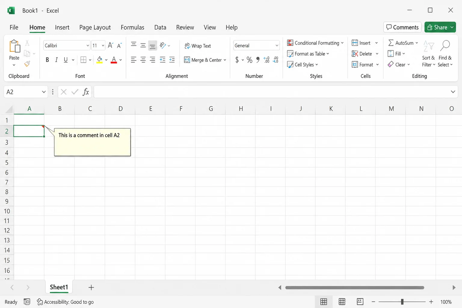 Excel worksheet showing a cell with a legacy note indicator and the note displayed beside the cell