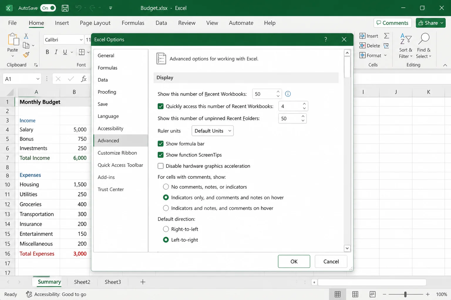 Excel Options Advanced page with the display setting for comments, notes, and indicators visible