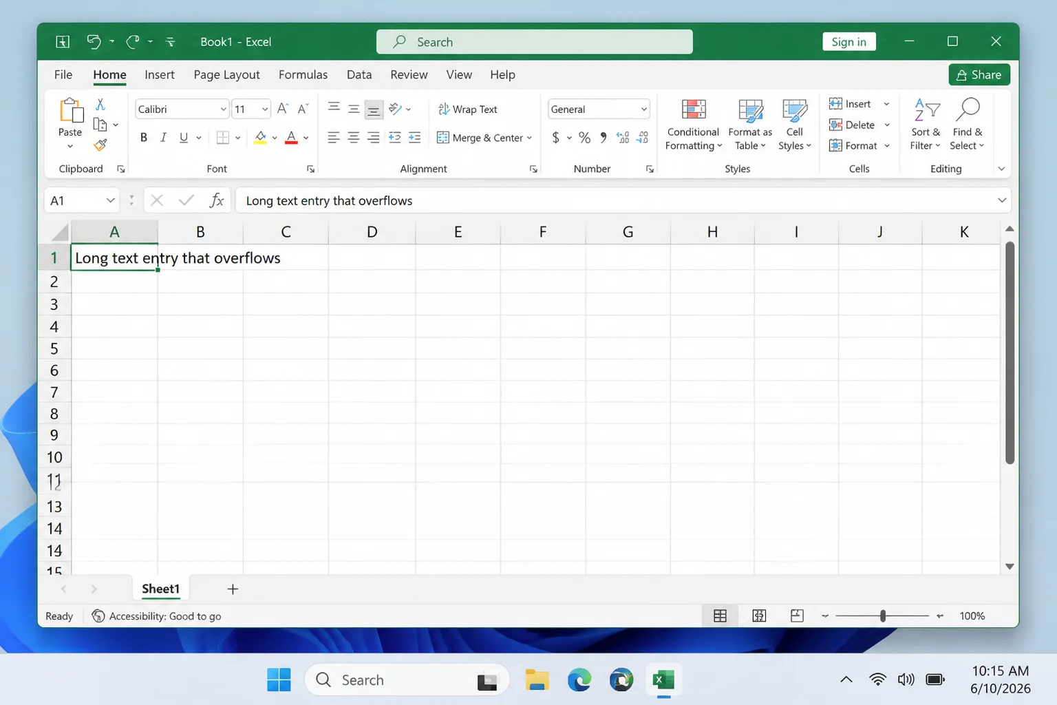 Excel worksheet showing long text from cell A1 overflowing across empty neighboring cells