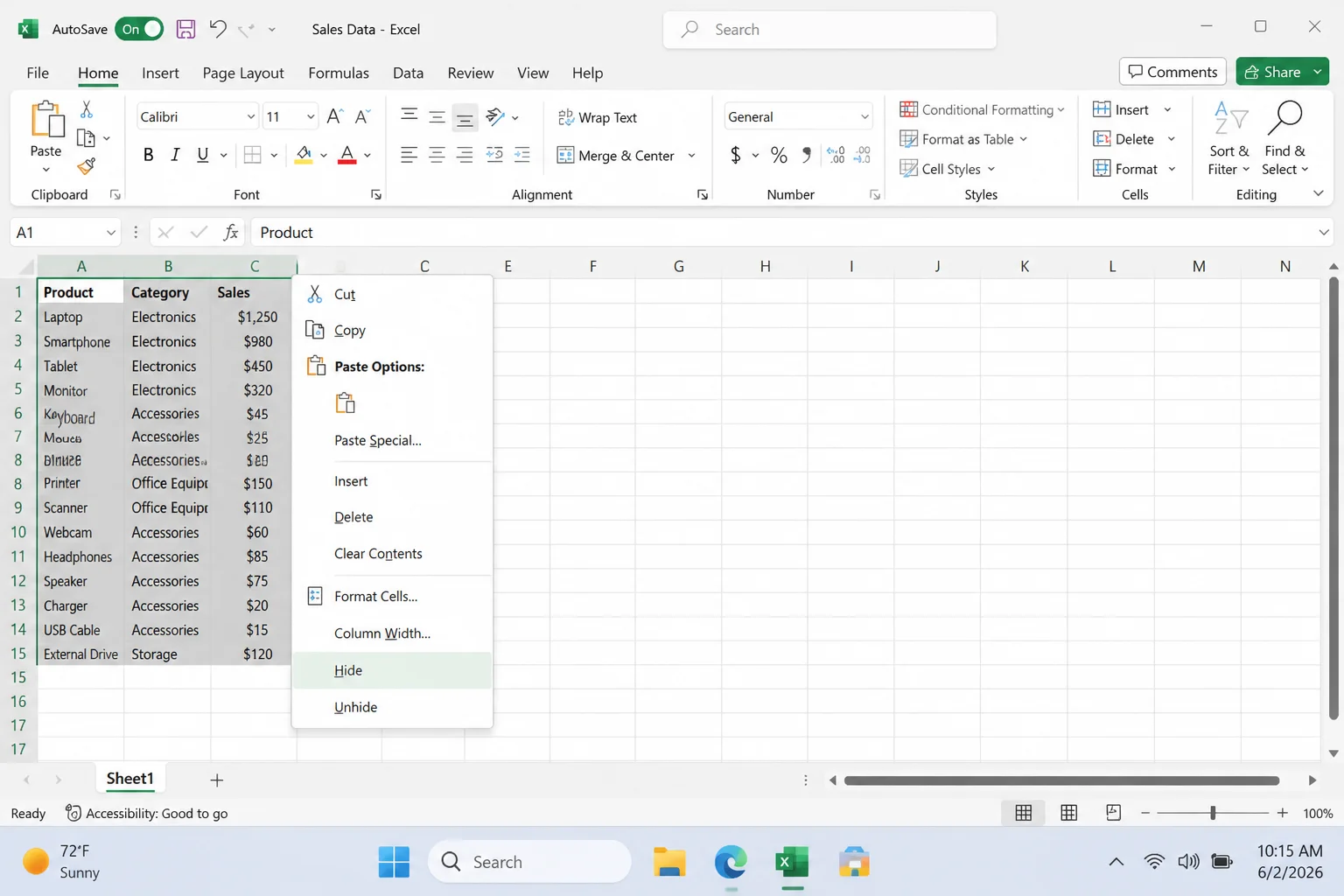 Excel for Microsoft 365 worksheet with several column headers selected and the right-click menu showing Hide