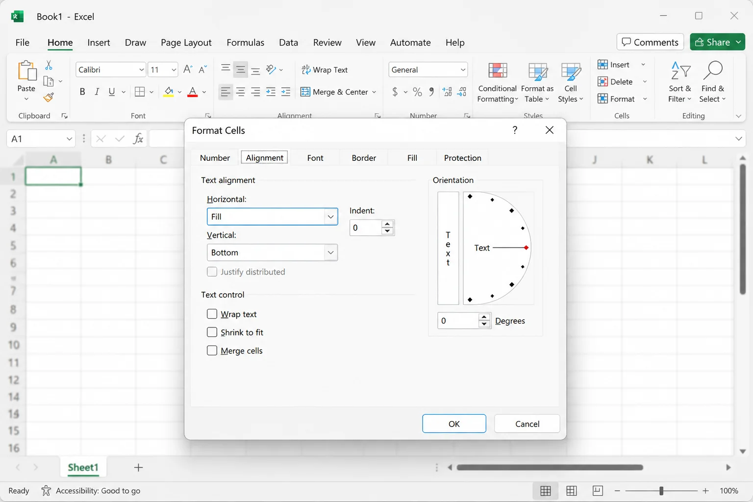 Excel Format Cells Alignment tab with Fill selected in the Horizontal alignment list
