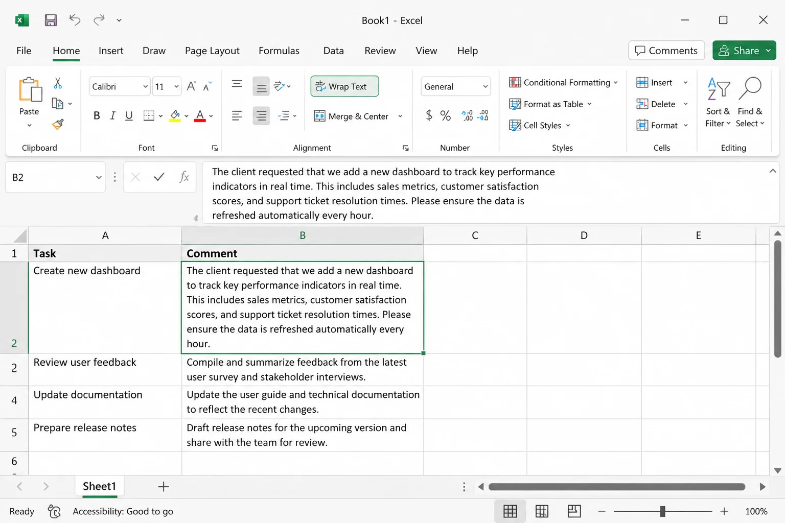 Excel worksheet showing long text contained within its original cell instead of overflowing into adjacent cells